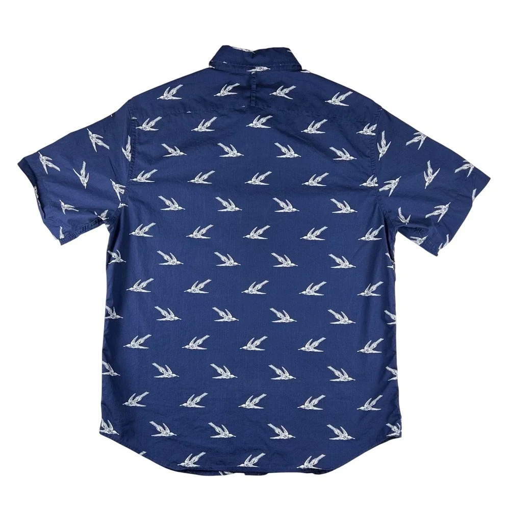 Banana Republic Luxe Poplin Mens Medium Slim Fit Navy Blue‎ Bird Print SS Shirt